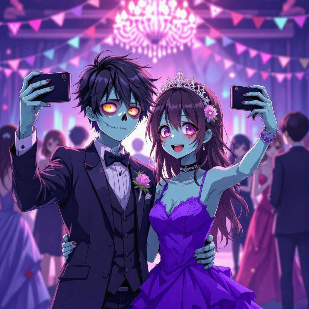Zombie Couple's Prom Night Photo in Anime Style