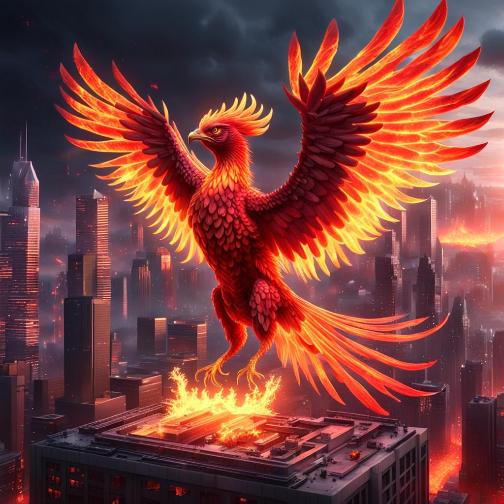Cyberpunk Phoenix Ablaze in Fiery Flight