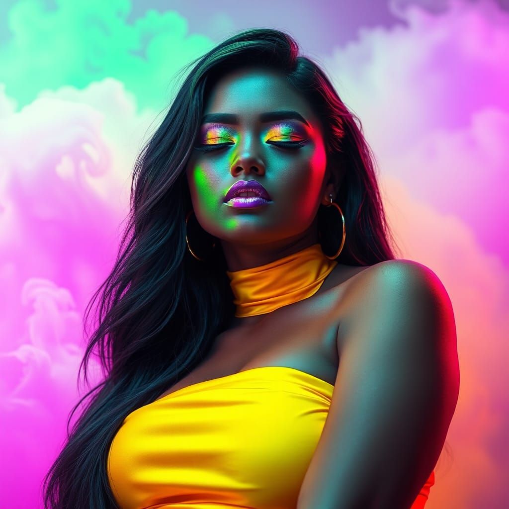 Futuristic Woman Portrait with Neon Colors in Cyberpunk Styl...