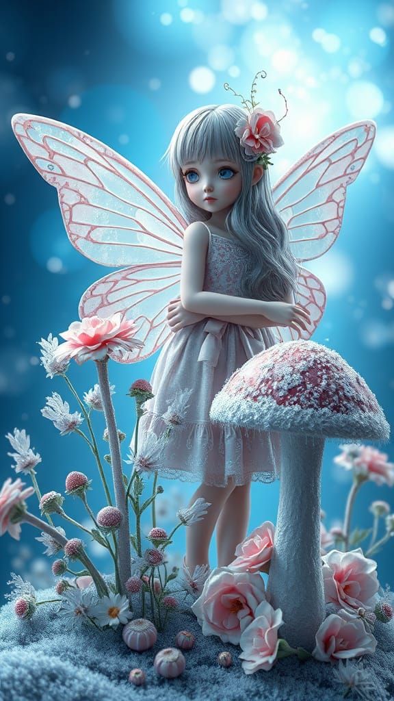 Hyperrealistic 3D Girl with Butterfly Wings Amidst Frosty Fl...
