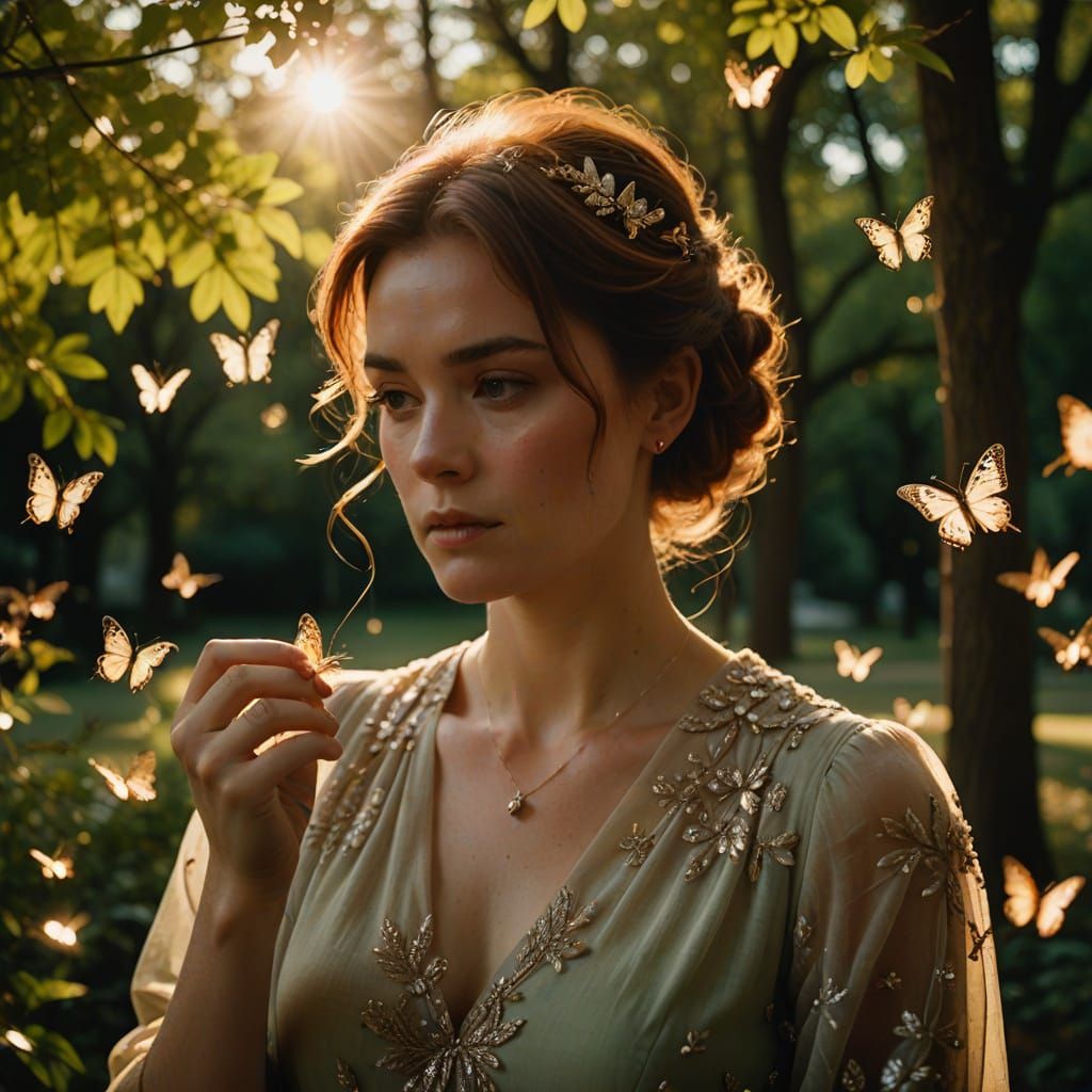 Businesswoman Adorns Crystal Butterfly in Park Golden Hour
