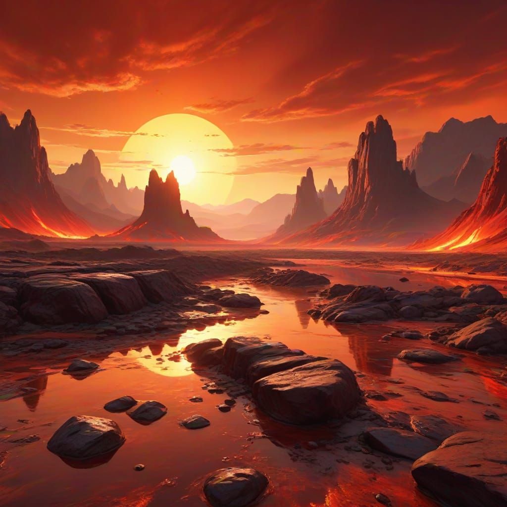 Blazing Red Landscape in Oil Painting Style