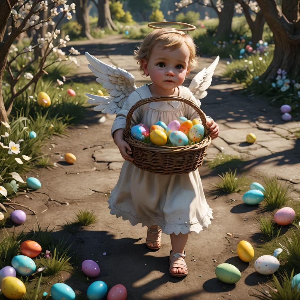 Baby Angel's Easter Egg Hunt, 3D Render