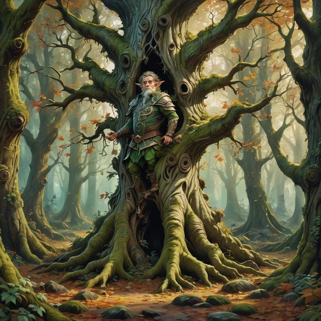 Fantasy Forest: Elf and Twisted Tree in Oil