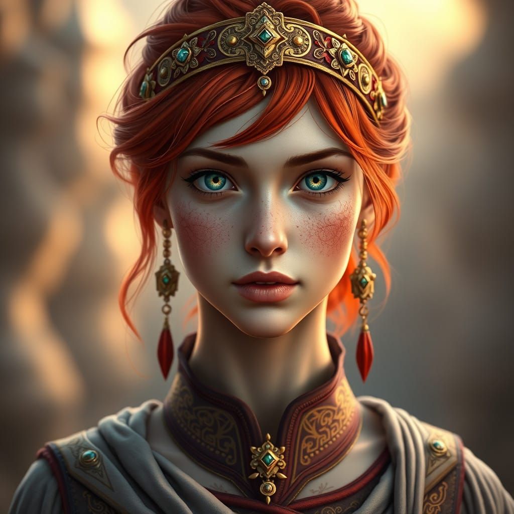 Serene Redhead Woman in Ancient Gold Fantasy Attire