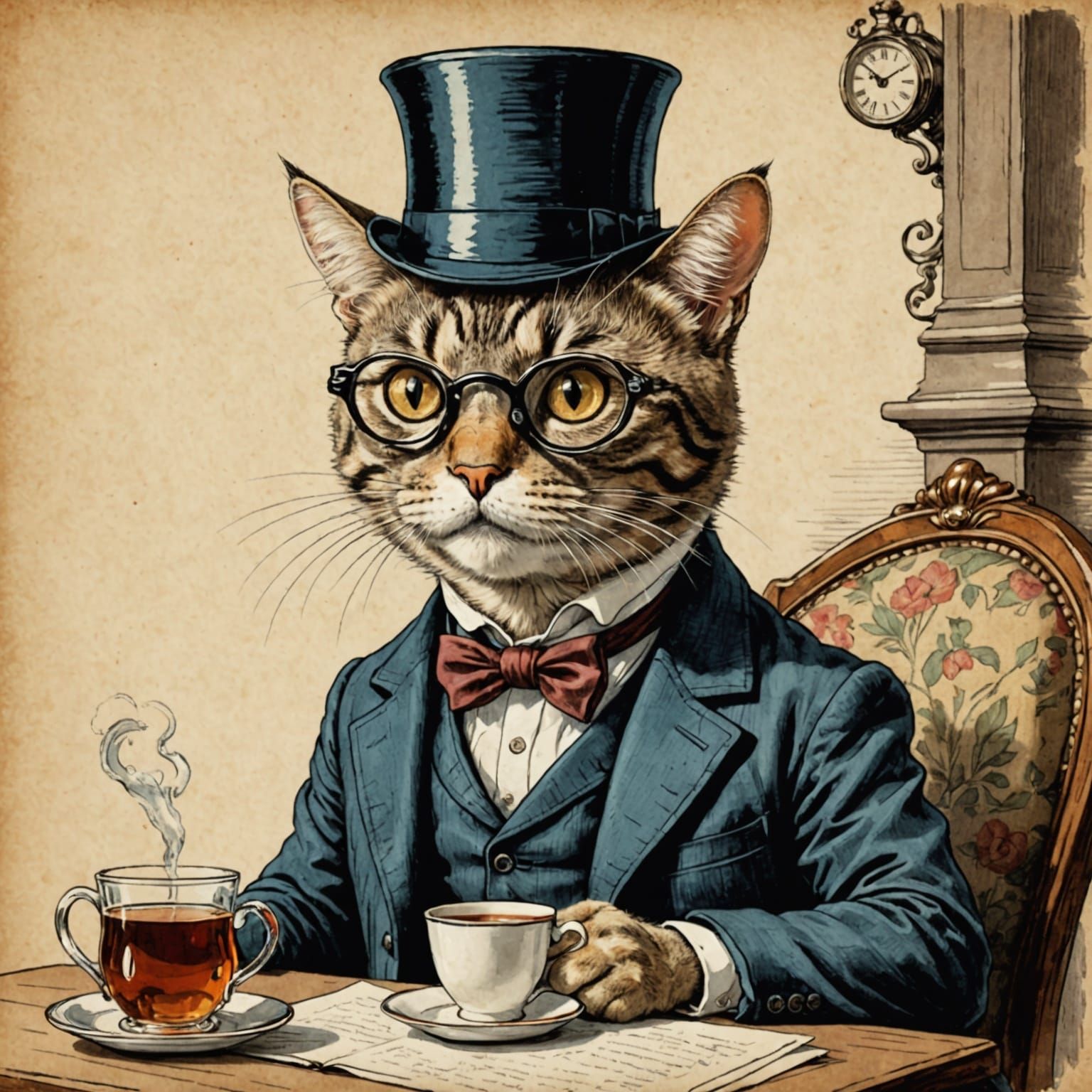 Elegant Feline Gentleman in Whimsical Sketch Style