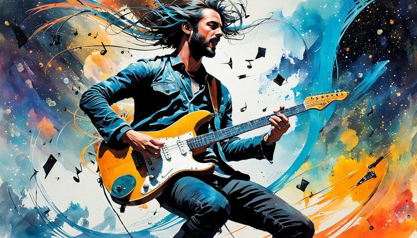 Flying Guitarist in Space, Watercolor Art