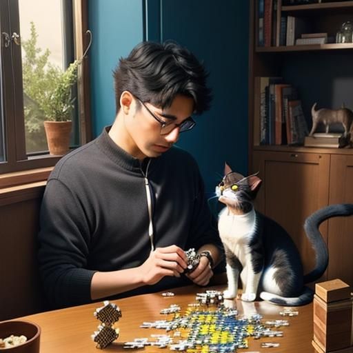 Man's Puzzle Destroyed by Cat: A Digital Art Piece