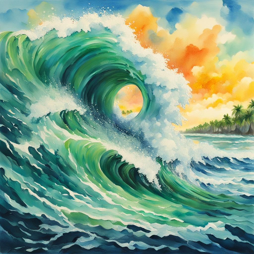 Tsunami Wave About to Crash: Gouache Watercolor Style
