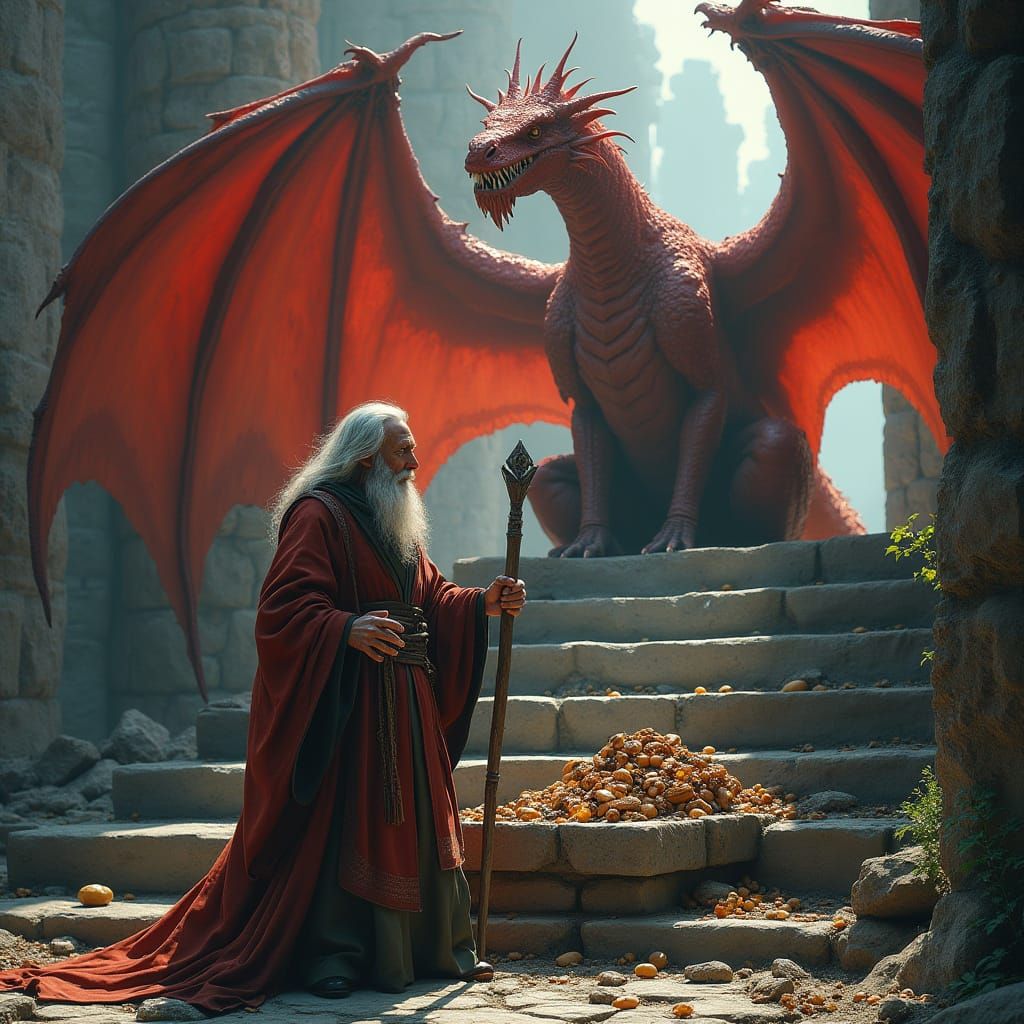 Gray Haired Mage with Dragon and Treasure in Ruins