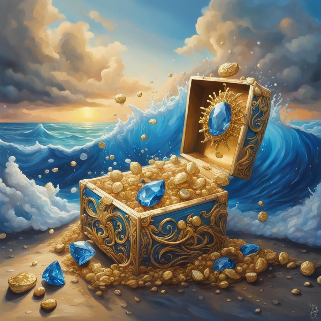 Treasure Chest Washed Ashore: Hyperrealistic Beach Scene