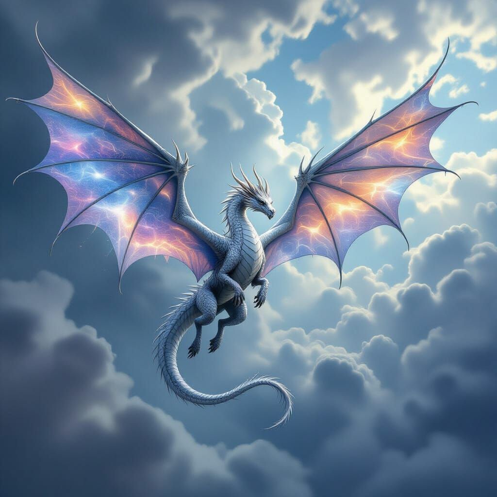 Silver Dragon Soars Through Stormy Sky