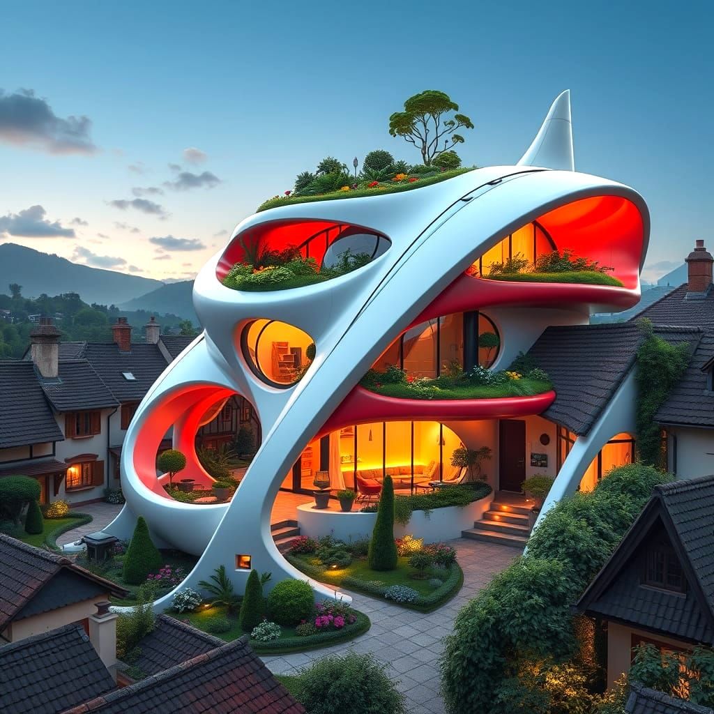 Luxury Futuristic Village Home in Elegant Red Hues