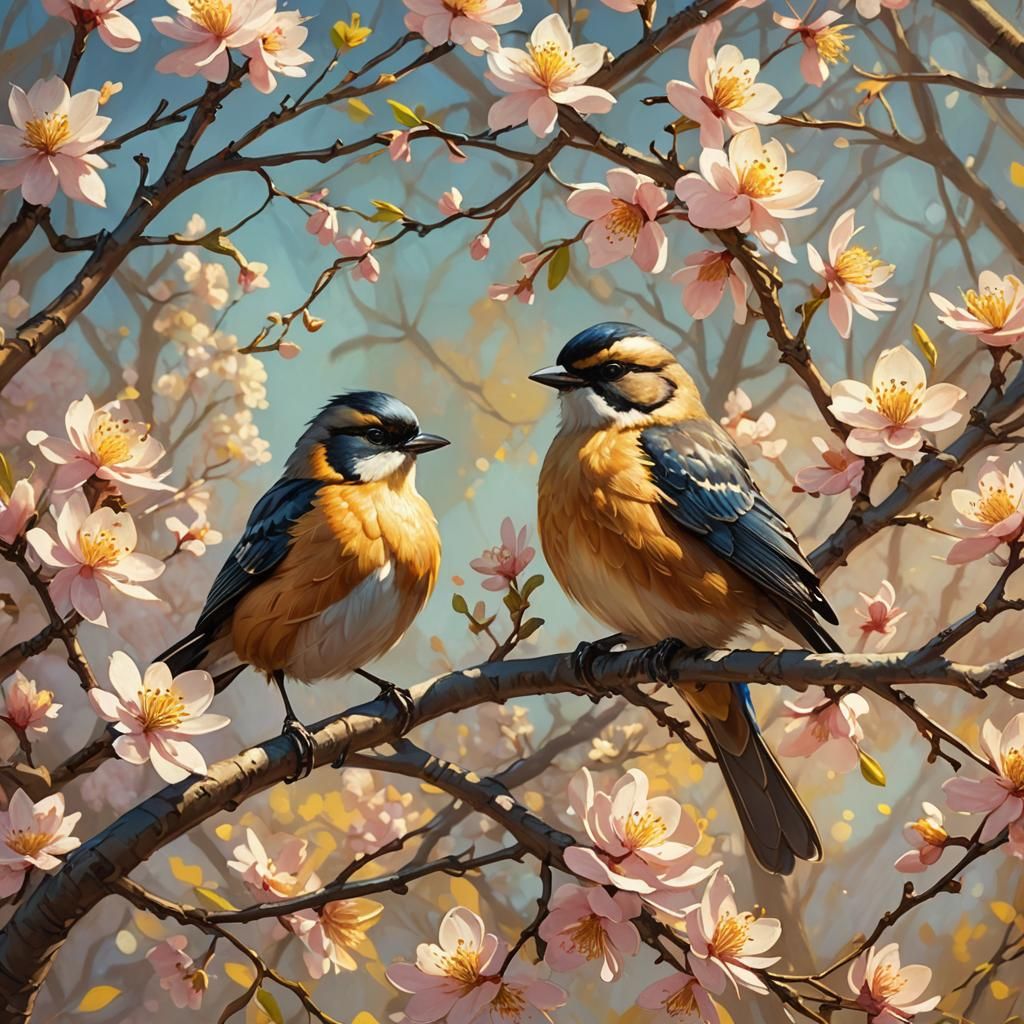 Bird on Spring Tree Branch: Oil Painting Style
