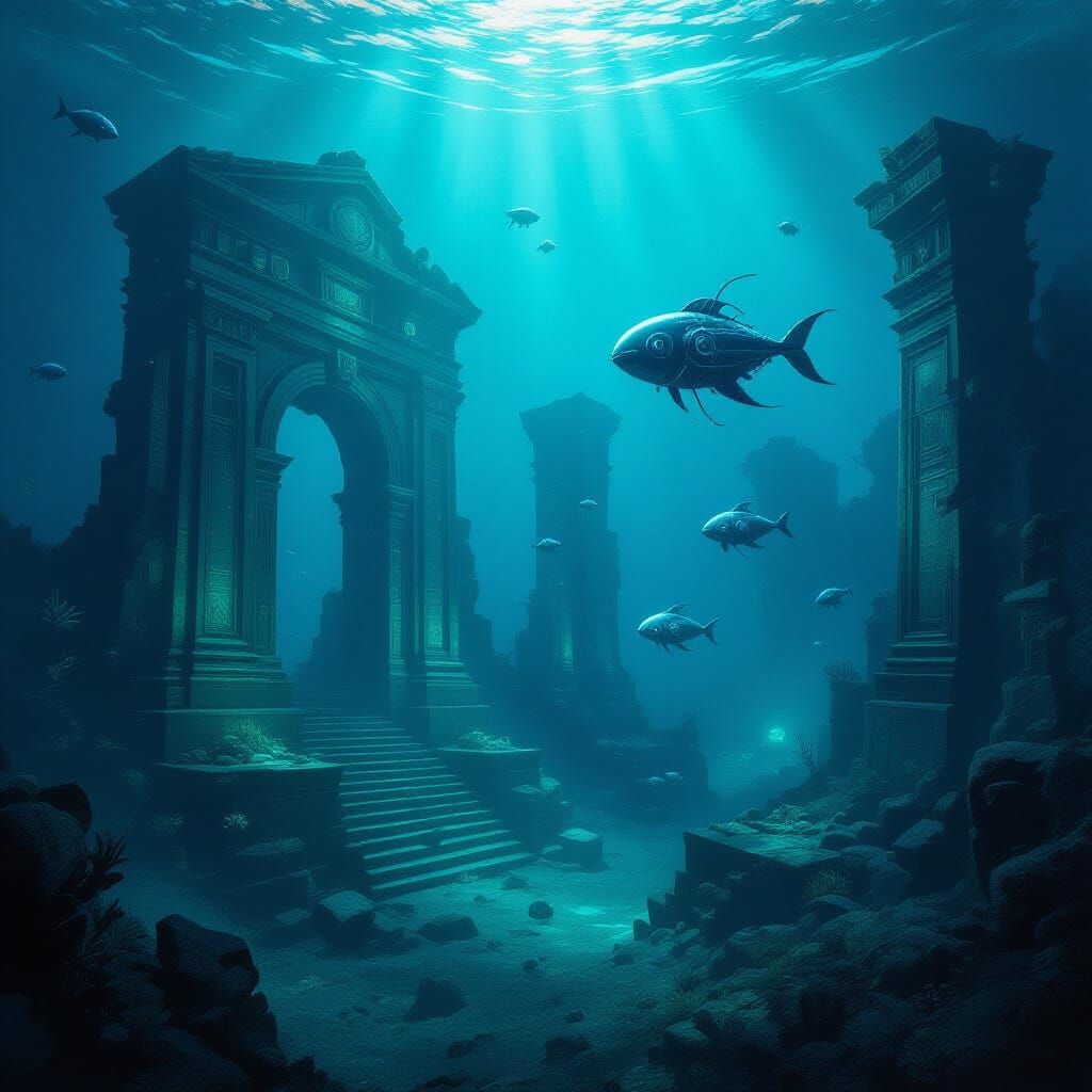 Bioluminescent Deep Sea Ruins with Mechanical Creatures