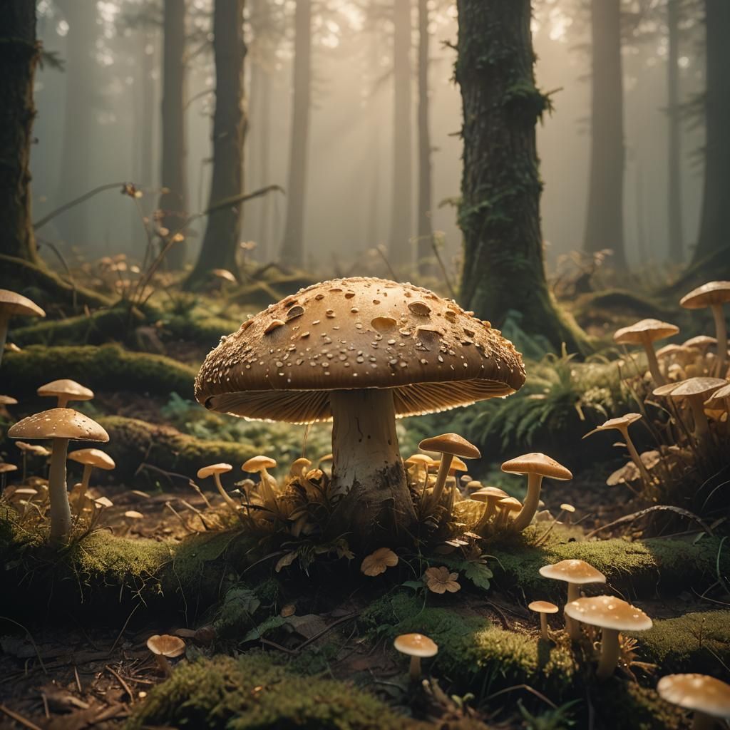 Giant Mushroom in Ethereal Forest Landscape