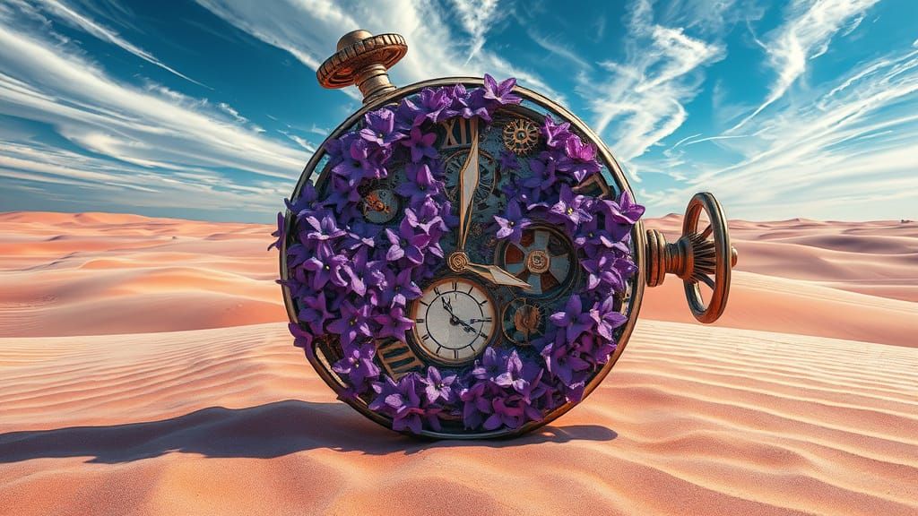 Surreal Floral Timepiece in Dreamlike Desert