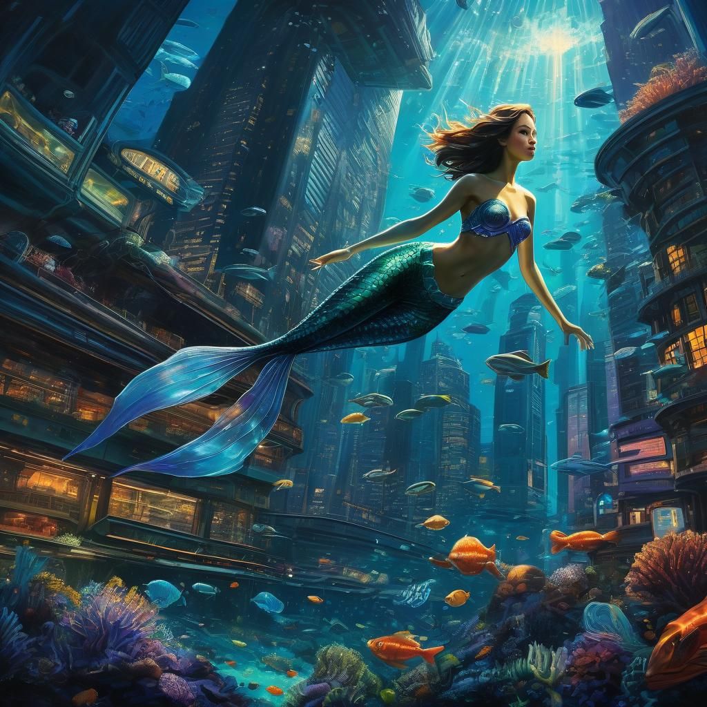 Mermaid Observes Underwater City in Oil Painting