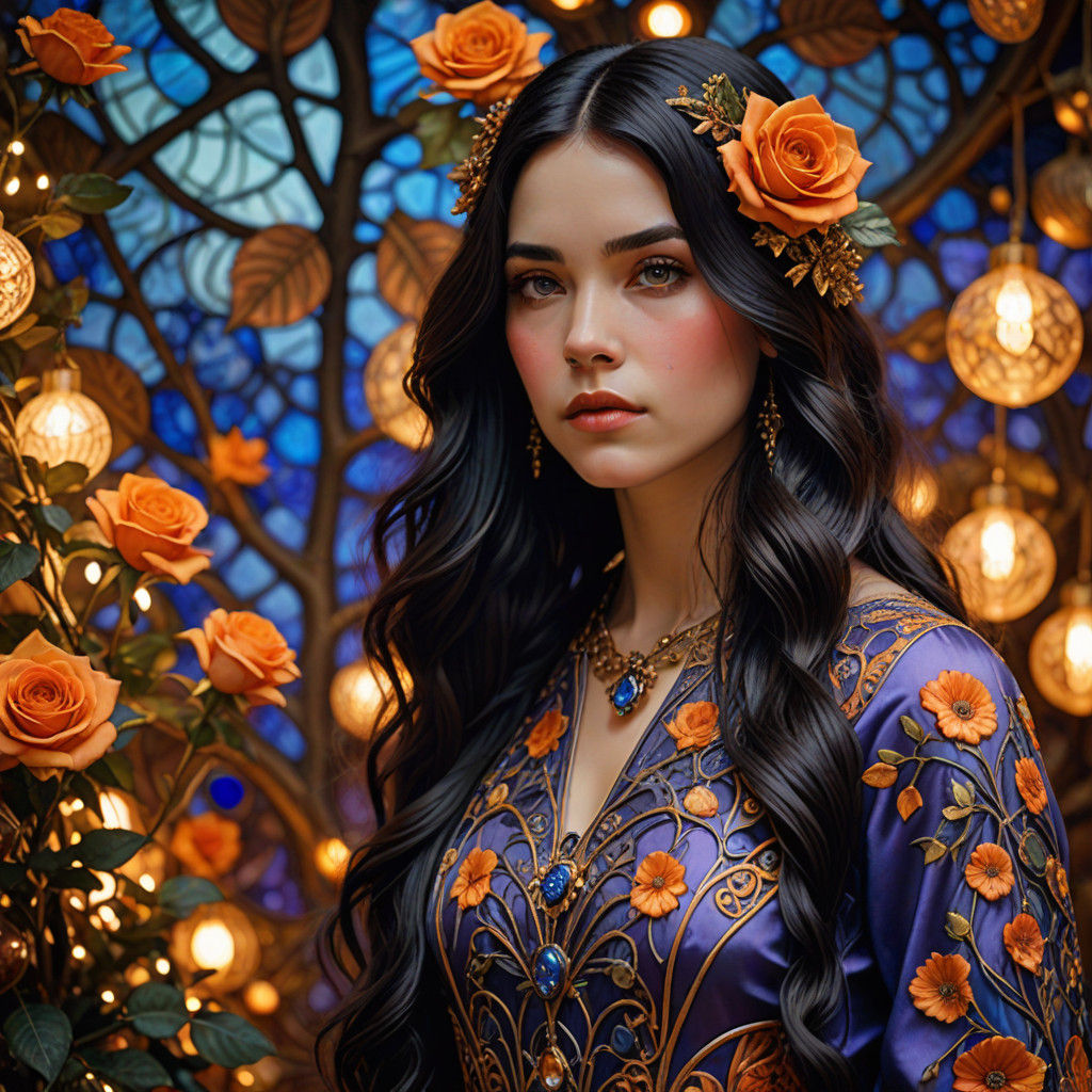 Ethereal Jugendstil Beauty Adorned in Ornate Rose Dress Befo...