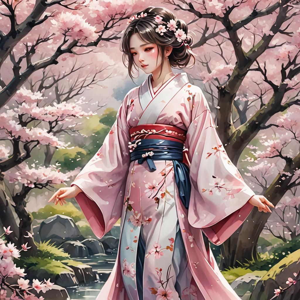 Cherry Blossom Princess in Watercolor Anime Style