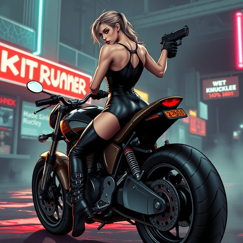 Rebellious Female Figure on a High-Speed Motorcycle, Exuding...