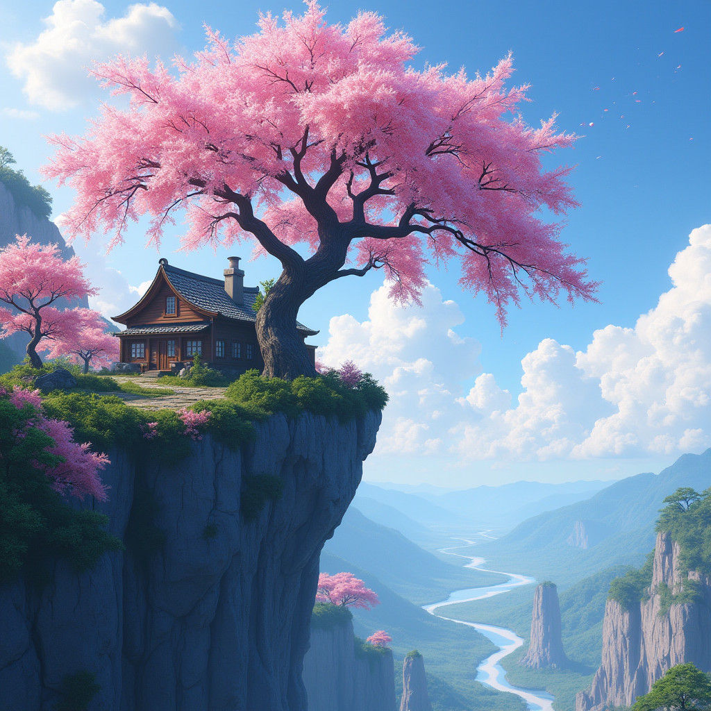 Sakura Tree and House on Cliff: Dreamlike Concept Art