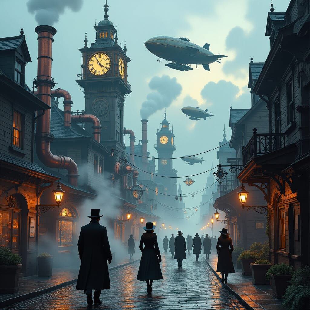 Steampunk Cityscape with Mechanical Citizens and Airships