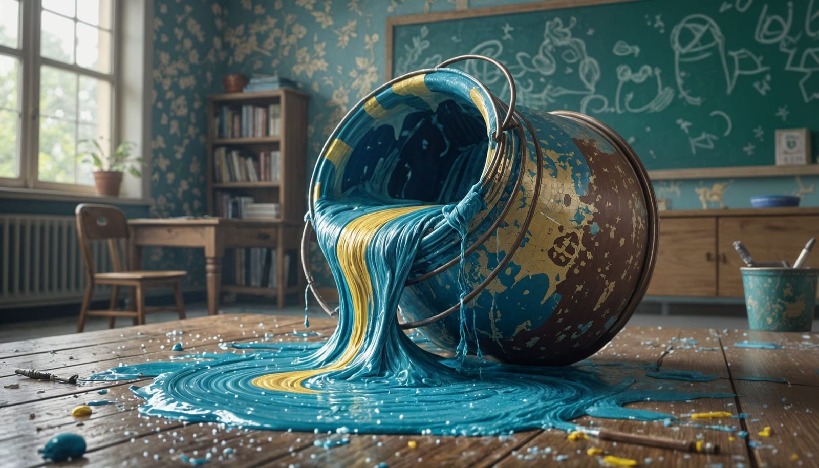 Surreal Classroom Emerges from Paint Pot