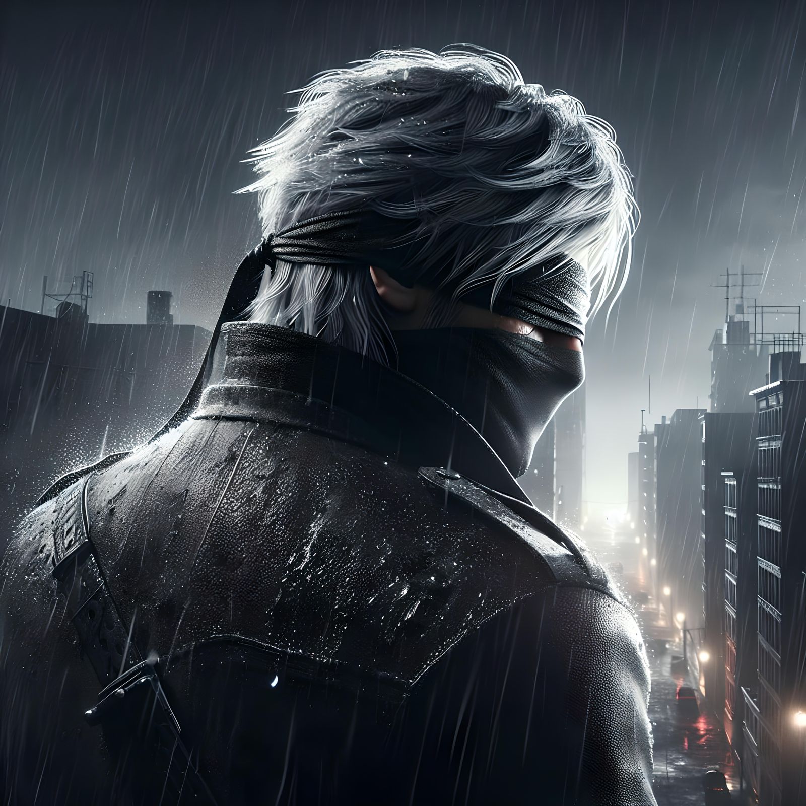 Masked Man on Rainy Rooftop in Photorealistic Style