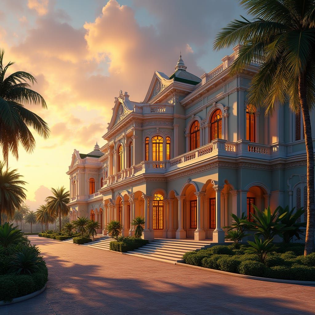 Majestic Presidential Palace of Paramaribo in Vibrant Sunset...