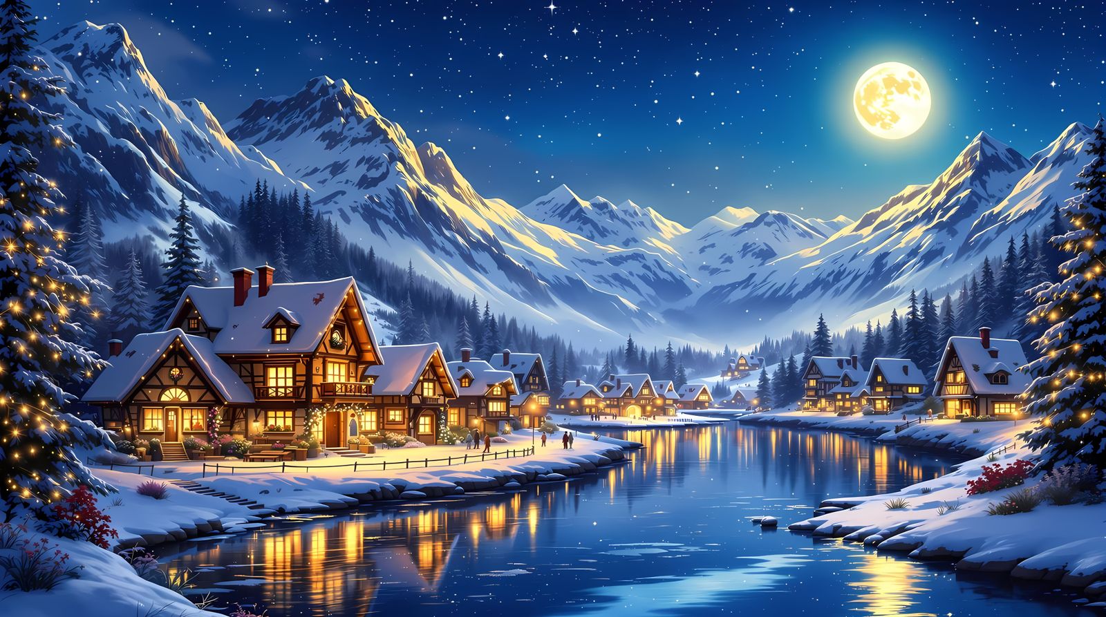 Starry Valley Village in Whimsical Digital Painting