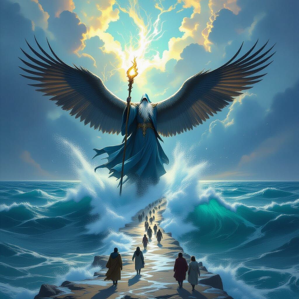 Wizard Rides Giant Eagle, Parts Ocean in Epic Fantasy Art