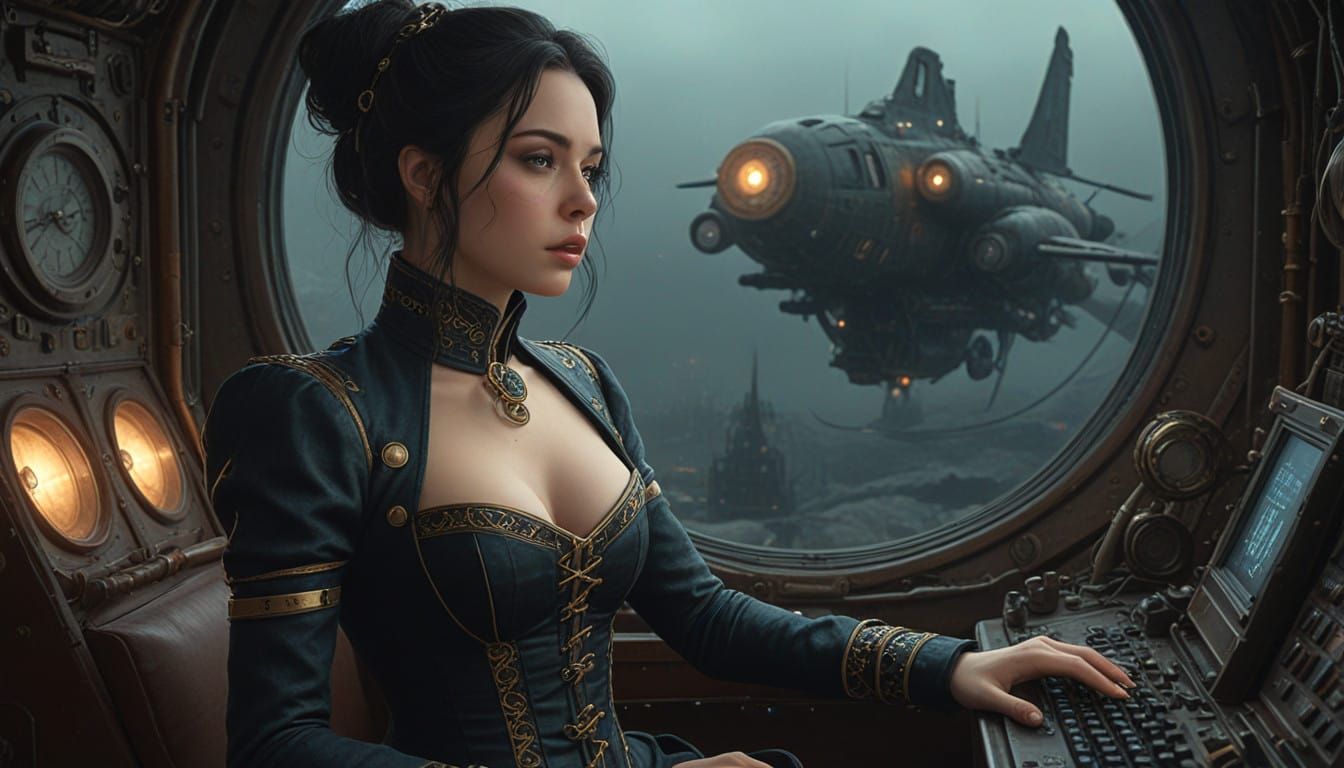 Steampunk Spacecraft Maiden at the Helm