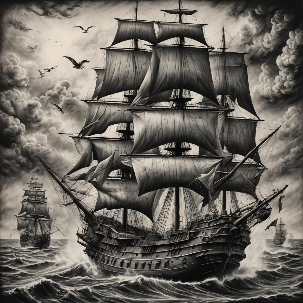 Hyperdetailed Charcoal Drawing of Flying Dutchman