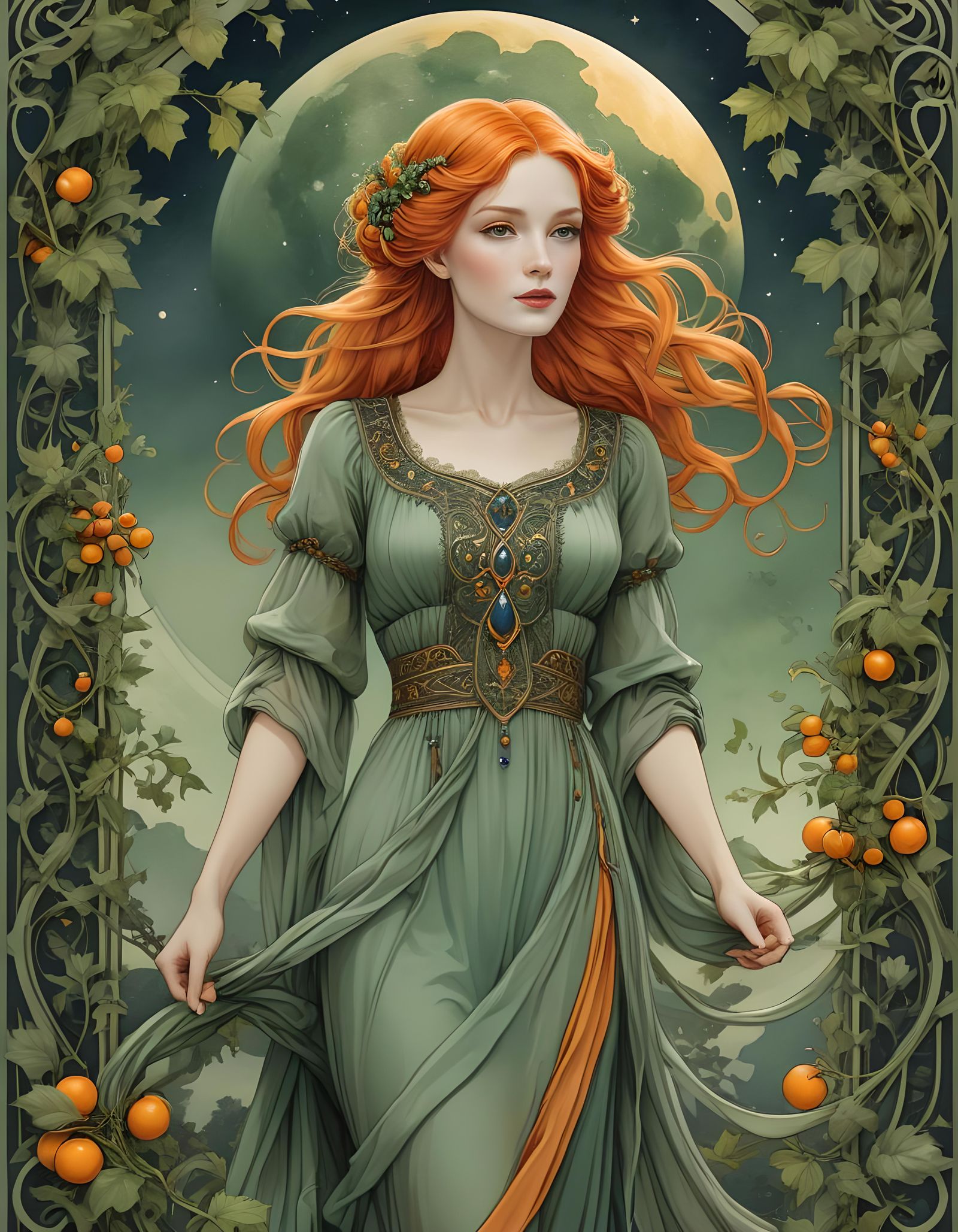 Art Nouveau Woman with Vines and Moon