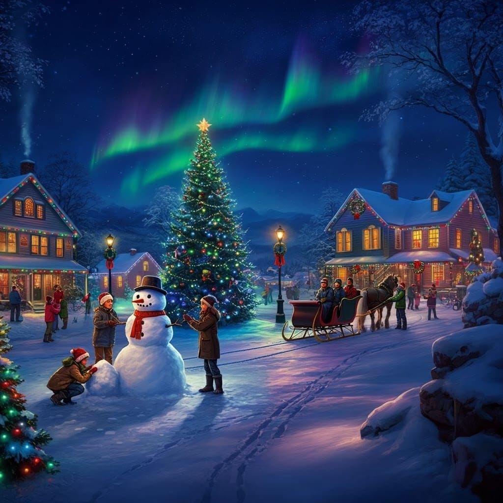 Vibrant Snowy Village Scene under Starry Night Sky