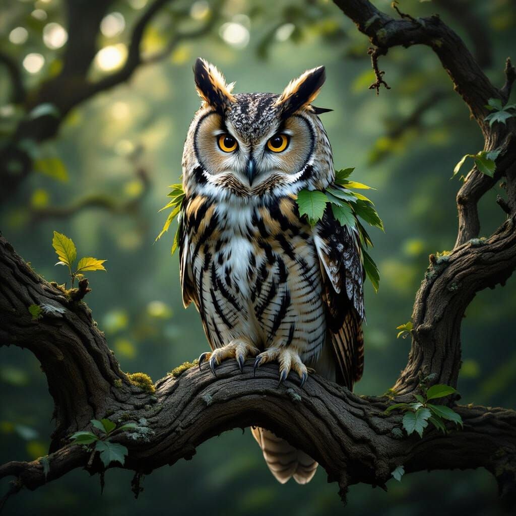 Elderly Owl Camouflaged as Ancient Oak Tree