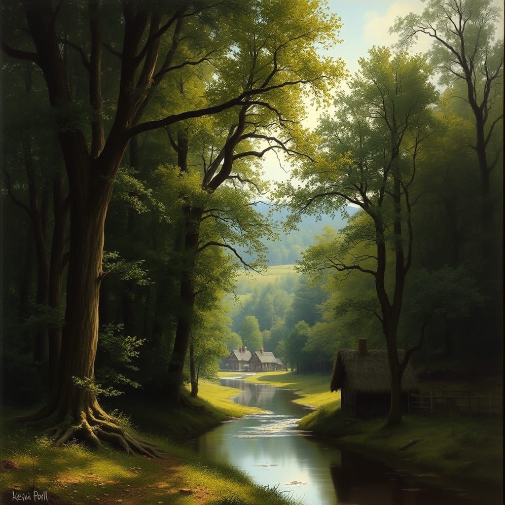 Romantic Forest Landscape Painting of Idyllic Village