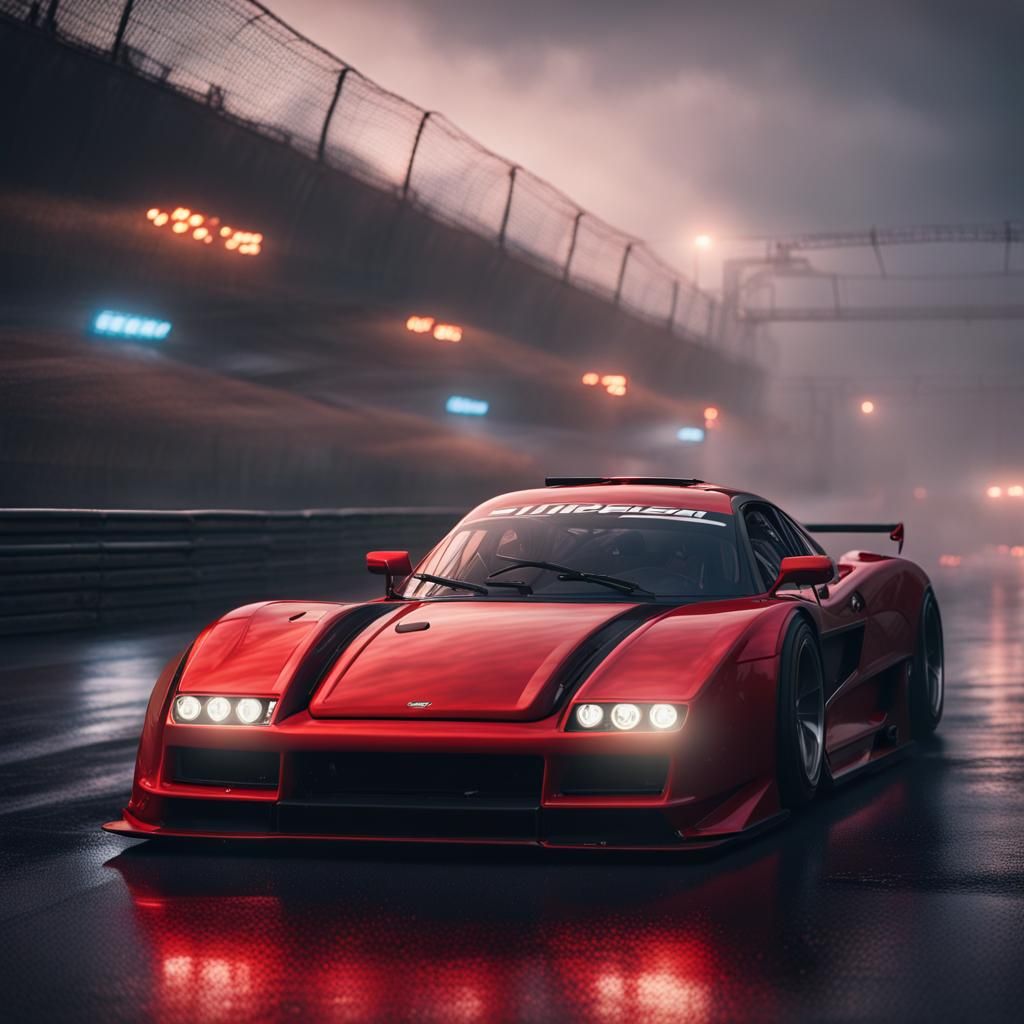 Very long and incredible wide, flat sportcar, red hipersportcar, incredible big and wide rear wheels, big engine, small ...