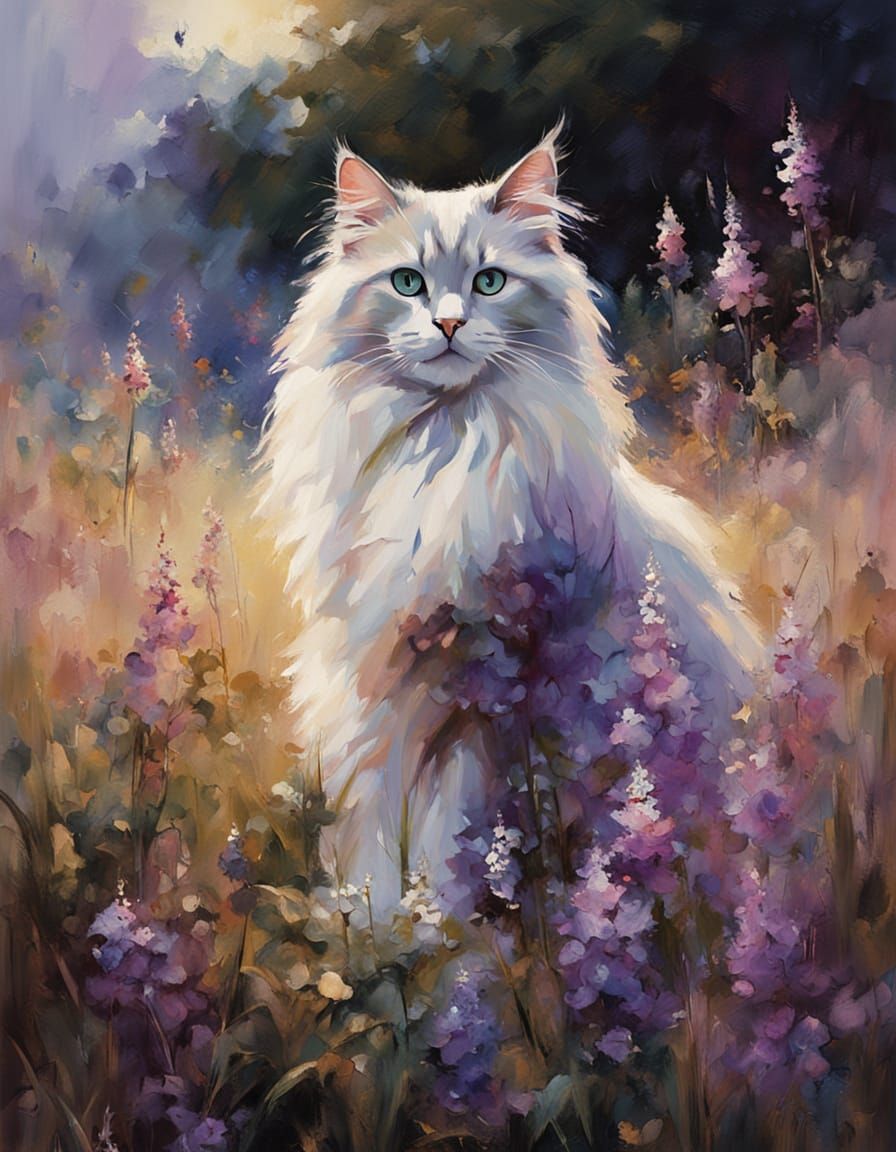 Ragdoll Cat in Floral Field: Detailed Oil Painting