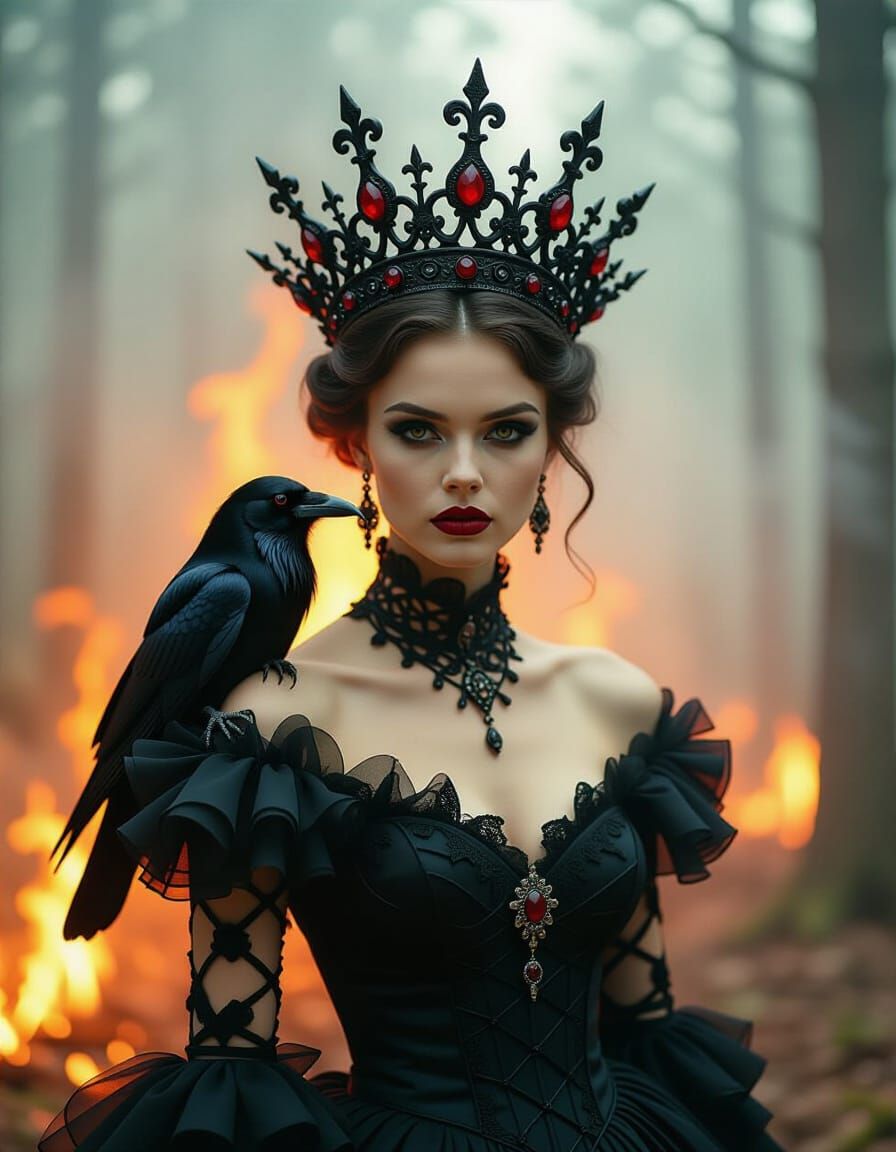 Gothic Witch in Burning Forest Masquerade, Smoke Dress