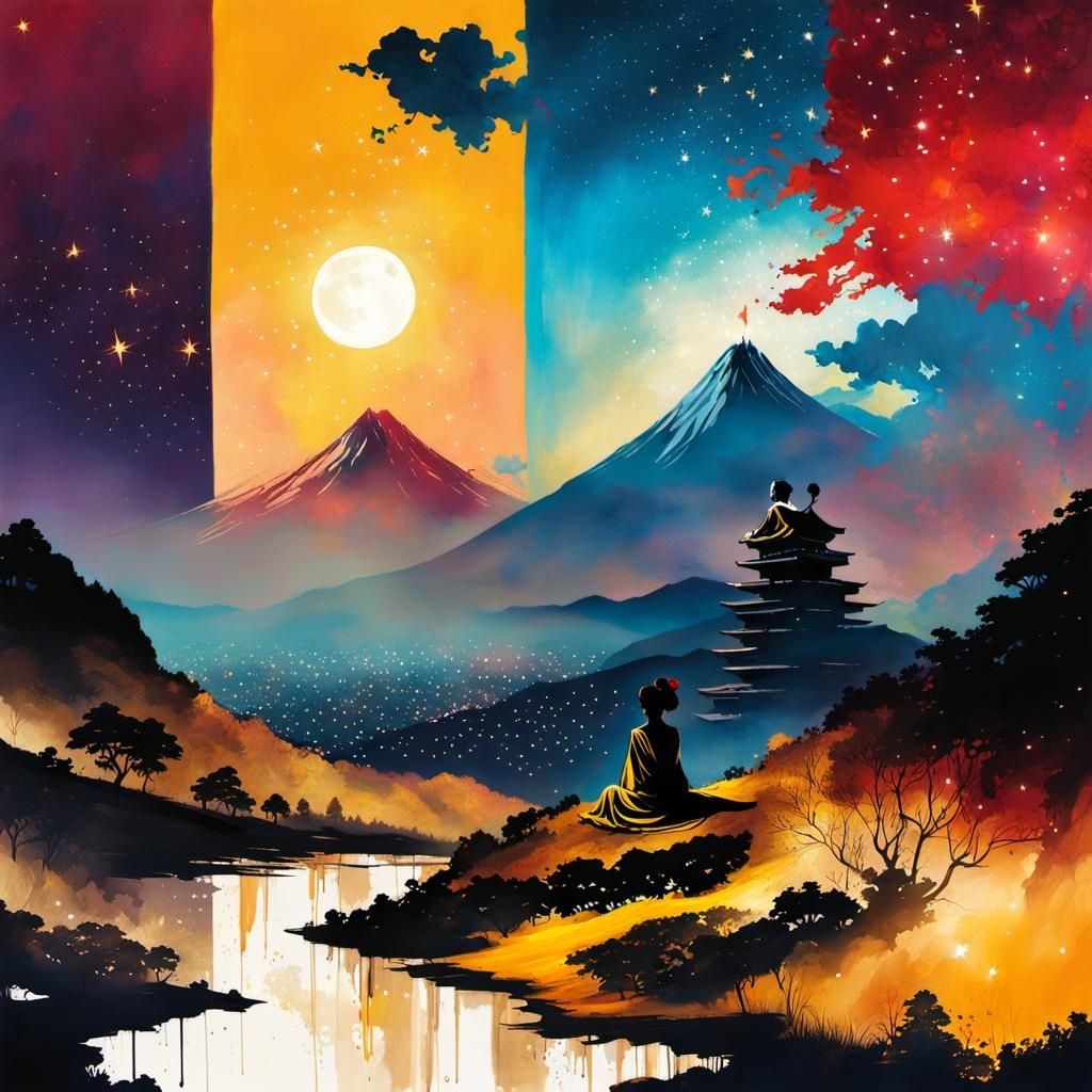 Geisha Silhouette Under Galaxy Sky as Cinematic Film