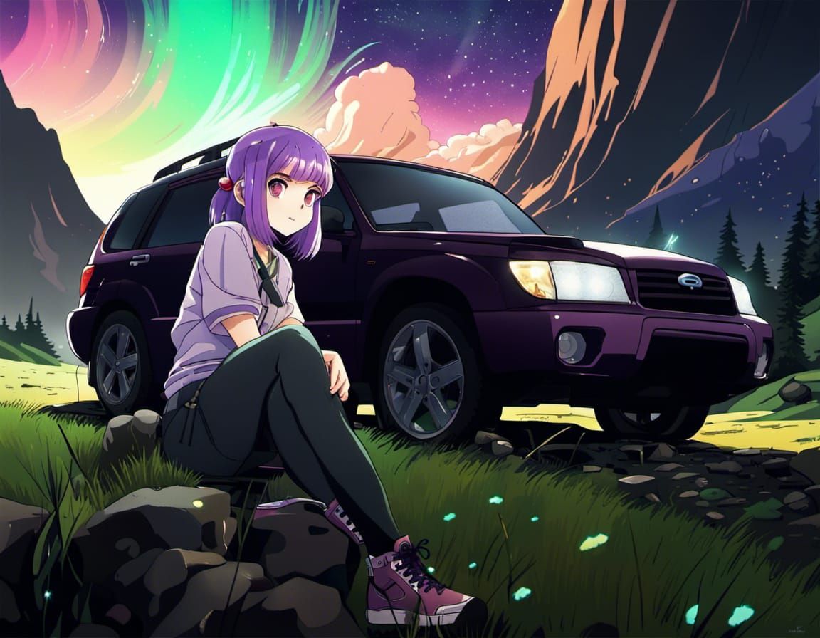 2002 Subaru Forester with Anime Girl Under Aurora