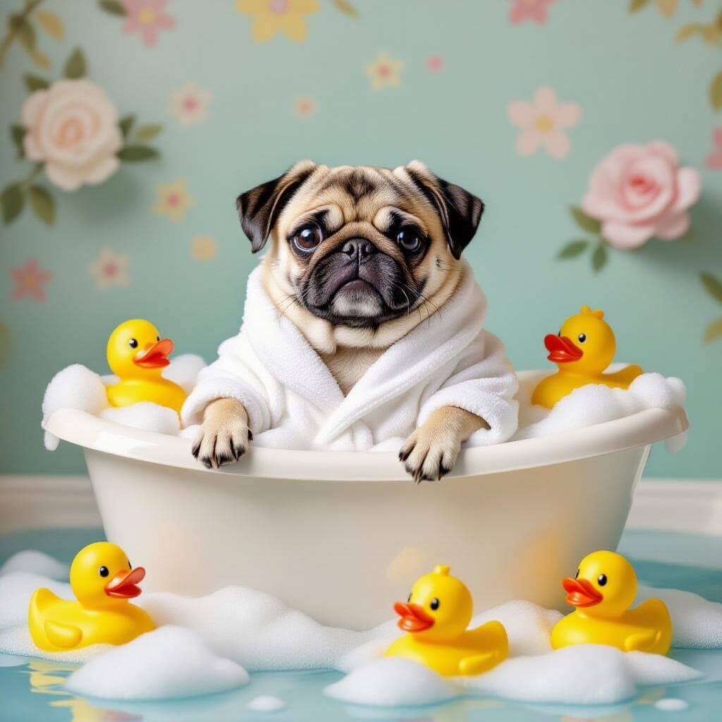 Pug's Pastel Bath Time: Whimsical AI Art