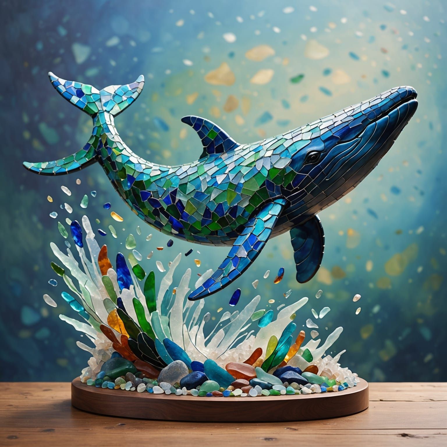 Majestic Sea Glass Whale Sculpture Breaching Ocean