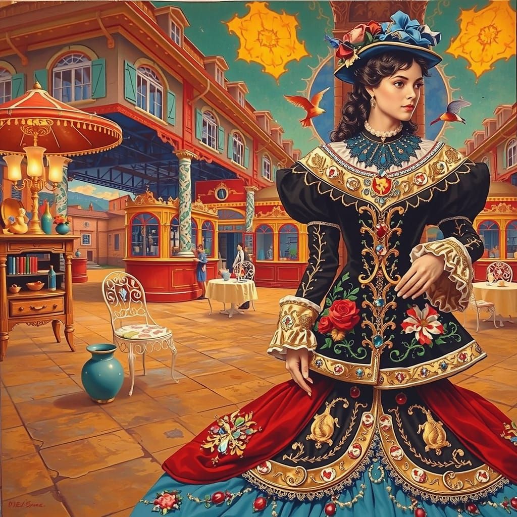 Elegantly Dressed Figure in French Countryside