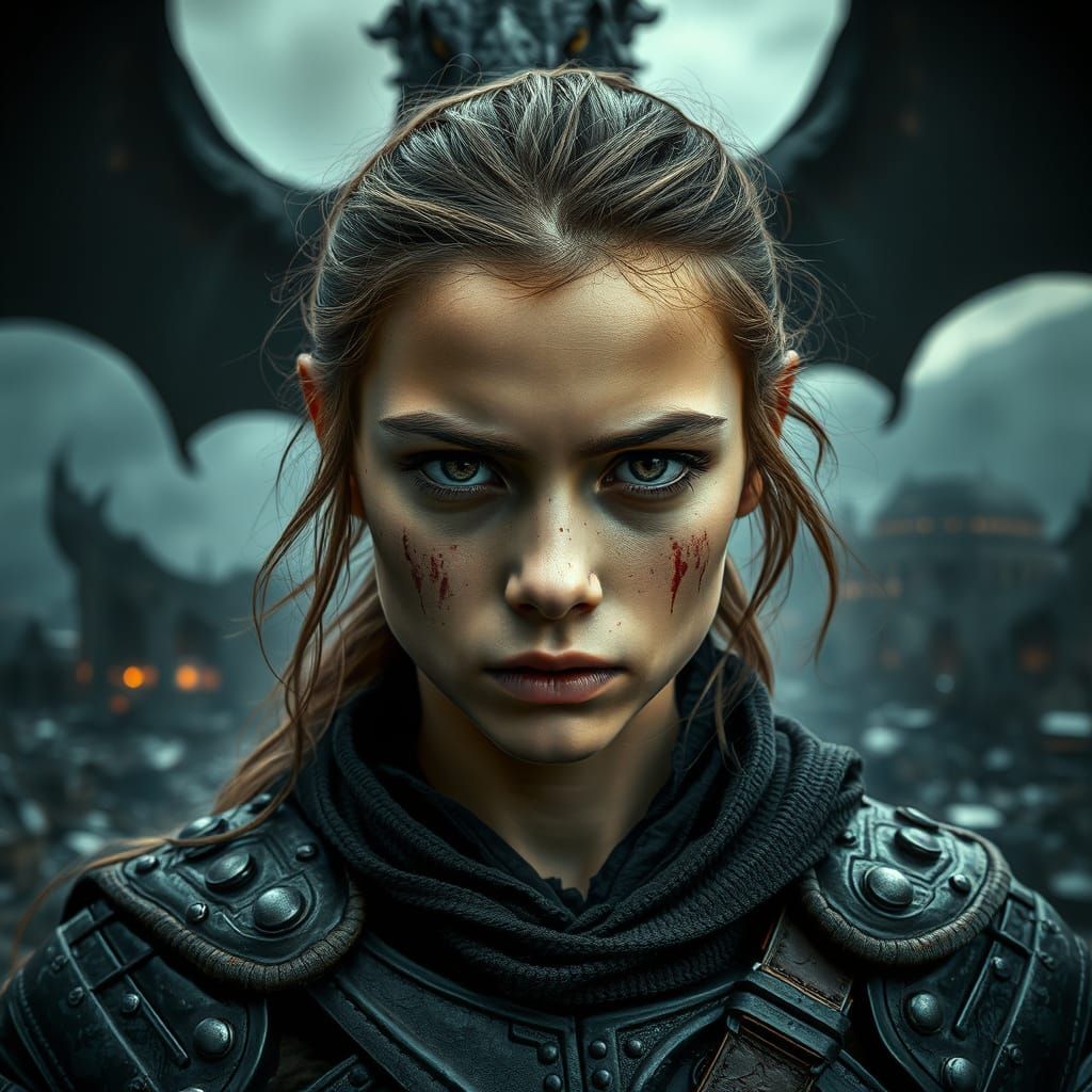 Female Warrior Portrait in Dark Armor with Dragon Over Citys...