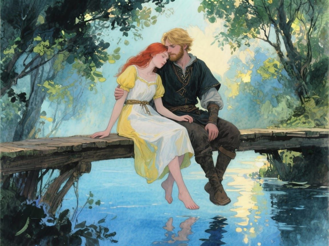 Romantic Couple on Fantasy Bridge at Twilight
