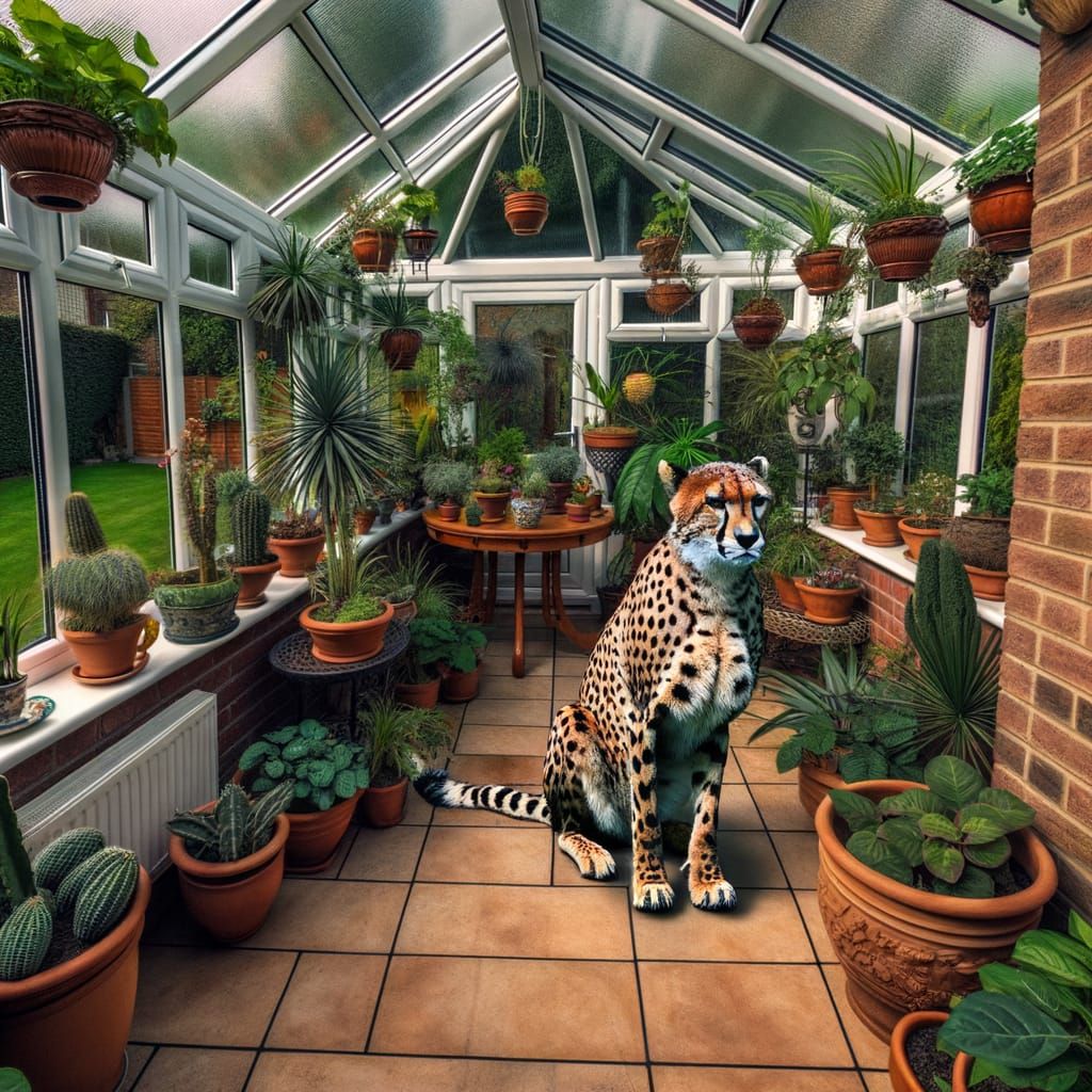 Domesticated Cheetah Surrounded by Exotic Plants in a Suburb...