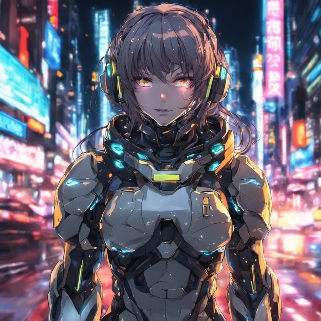Cyborg Girl in Neon City: Anime-Inspired Portrait